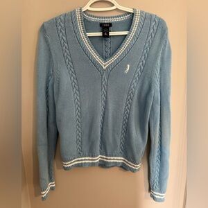 Izod Vintage Knit Golf V-Neck Sweater Blue White 100% Cotton M